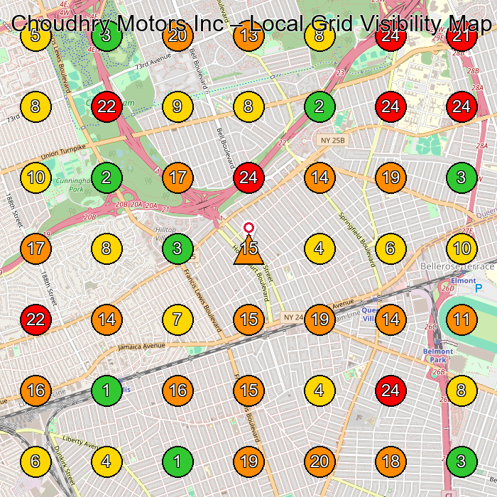 Choudhry Motors Inc Used Car Dealer GeoGrid ranking map for Queens Village NY